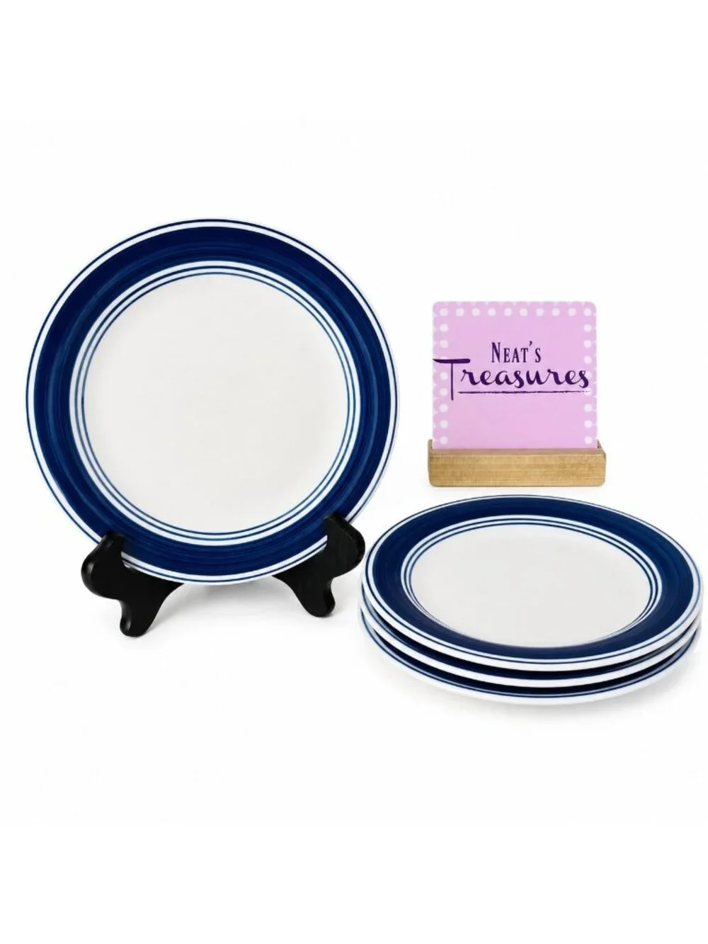 Mainstays CASUAL BANDED ROYAL BLUE Rings Stoneware White Salad Plates Set of 4